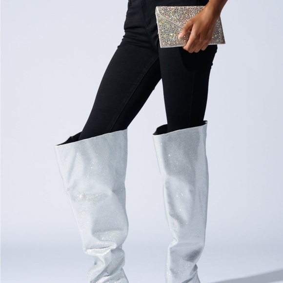 Azalea Wang Shoes - Thigh High Silver Bling Boots